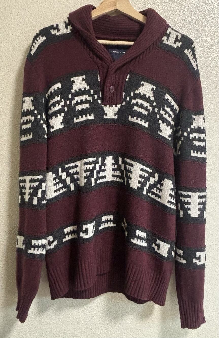 Men's Aztec Tribal Sweater Pullover Size Large Maroon Fisherman Mock Neck AEO